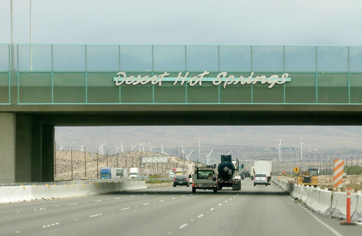 The Desert Hot Springs sign on the Gene Autry/Palm Drive overpass on Interstate 10.