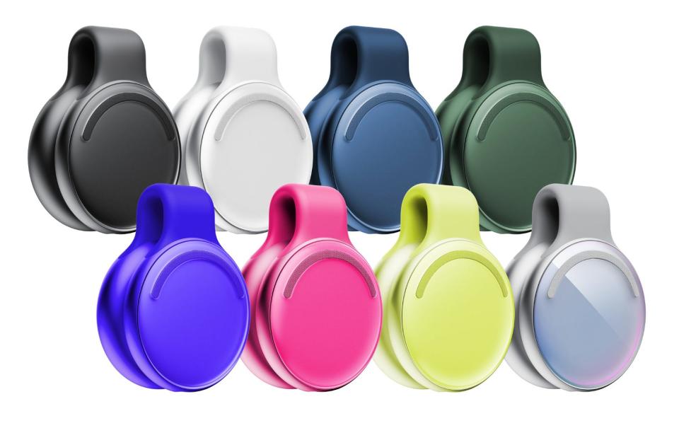 eight AI Limitless charms in different colors that you can attach to your clothing and record what you hear throughout the day