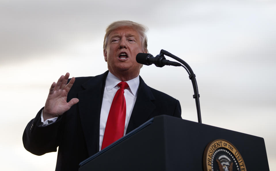 President Donald Trump speaks at a campaign rally at Minuteman Aviation Hangar, Thursday, Oct. 18, 2018, in Missoula, Mont. (AP Photo/Carolyn Kaster)