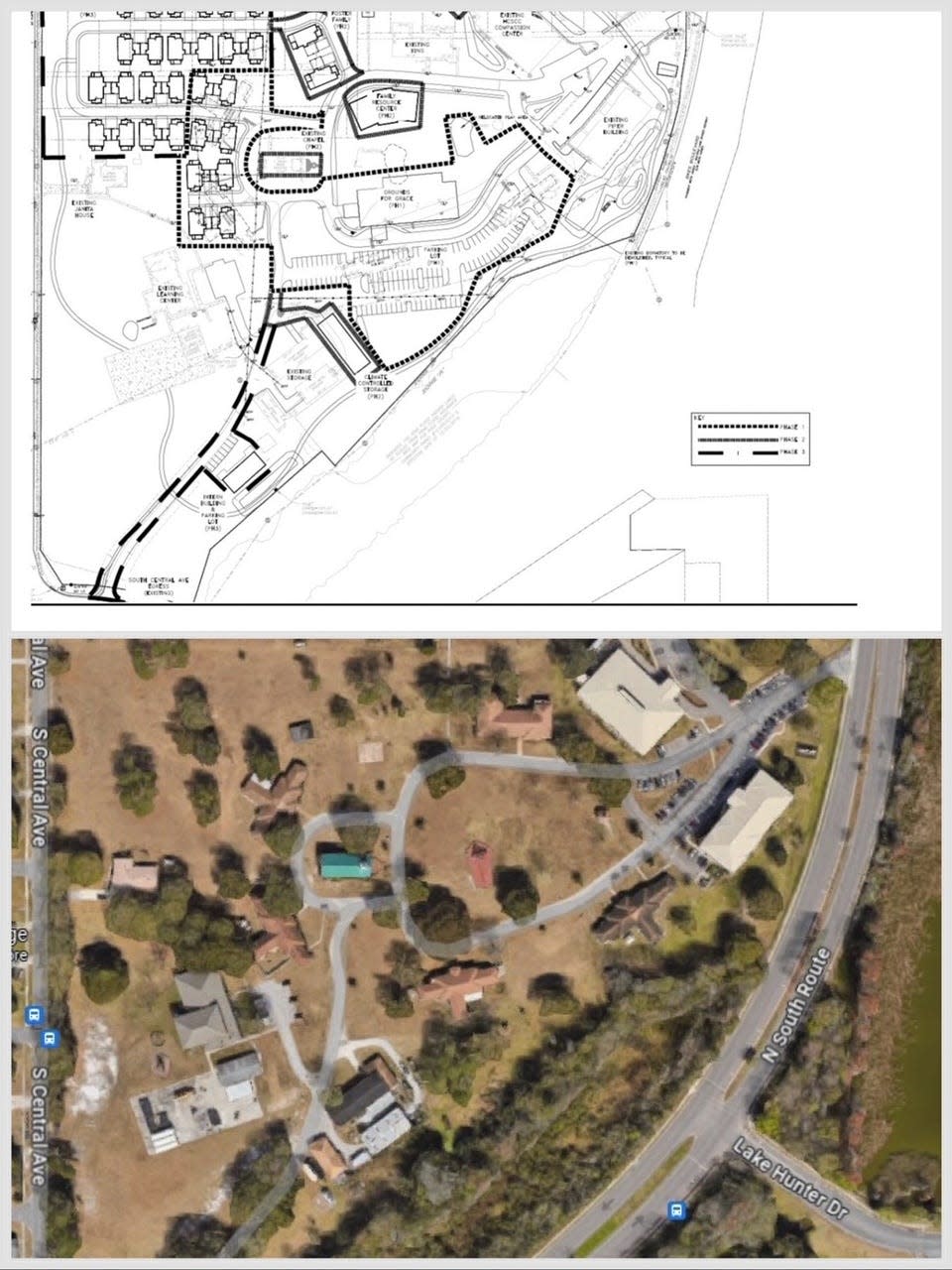 One More Child has won approval for a massive expansion on its campus along Harden Boulevard near Lake Hunter. The top image is a blueprint of the expansion plans. The bottom is a Google maps image of what the property looks like today.