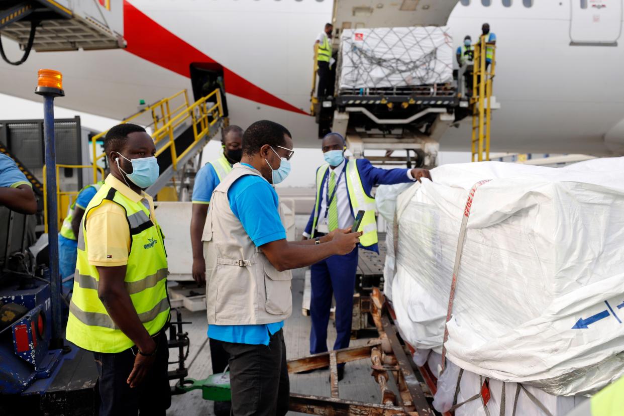 This photograph released by UNICEF on Wednesday, Feb. 24, 2021, shows the first shipment of COVID-19 vaccines distributed by the COVAX Facility arriving at the Kotoka International Airport in Accra, Ghana. Ghana has become the first country in the world to receive vaccines acquired through the United Nations-backed COVAX initiative with a delivery of 600,000 doses of the AstraZeneca vaccine made by the Serum Institute of India.