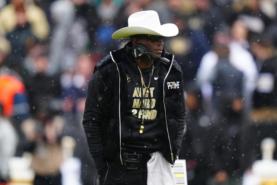 Apr 22, 2023; Boulder, CO, USA; Colorado Buffaloes head coach Deion Sanders during the first half of the spring game at Folsom Filed. Mandatory Credit: Ron Chenoy-USA TODAY Sports