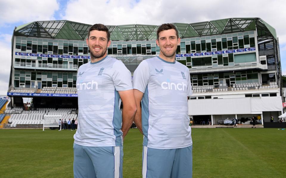 Twin brothers Craig (R) and Jamie Overton pose for a picture during nets ahead of the third Test Match between England and New Zealand at Headingley on June 21, 2022 in Leeds, England - GETTY IMAGES