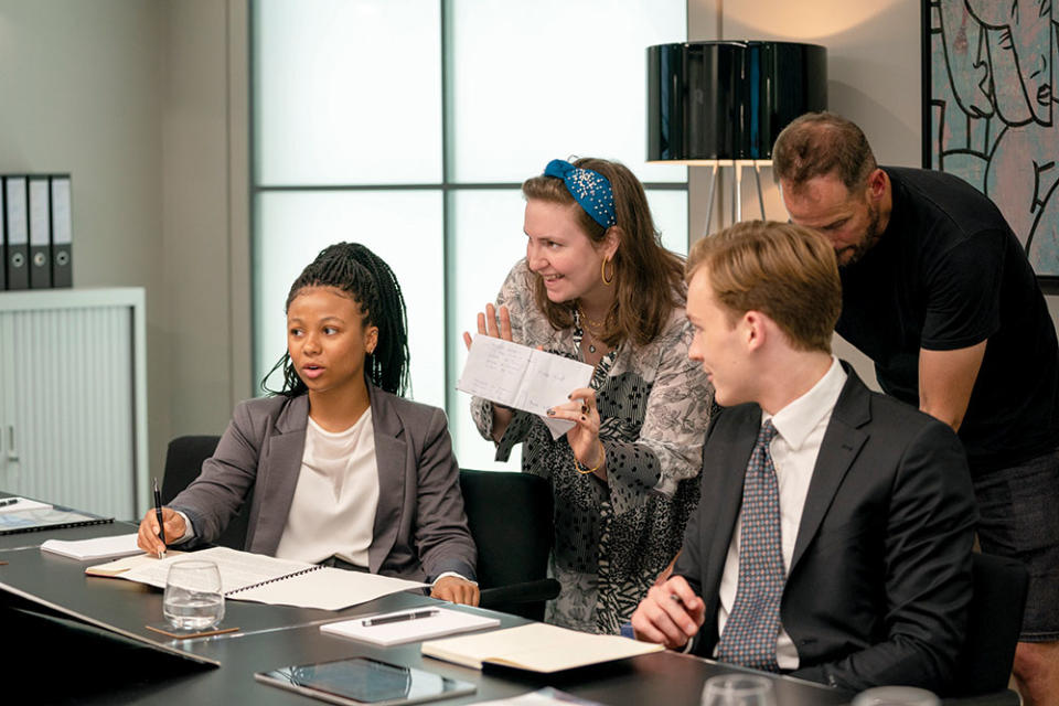 Dunham (center) directed the pilot for HBO’s Industry, a drama about young upstarts set in the world of London finance. - Credit: Courtesy of HBO