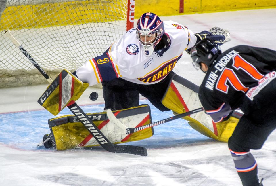 Rivermen goaltender Eric Levine blocks a shot from Knoxville's Razmuz Waxin-Engback in the first period Friday, Dec. 10, 2021 at Carver Arena.