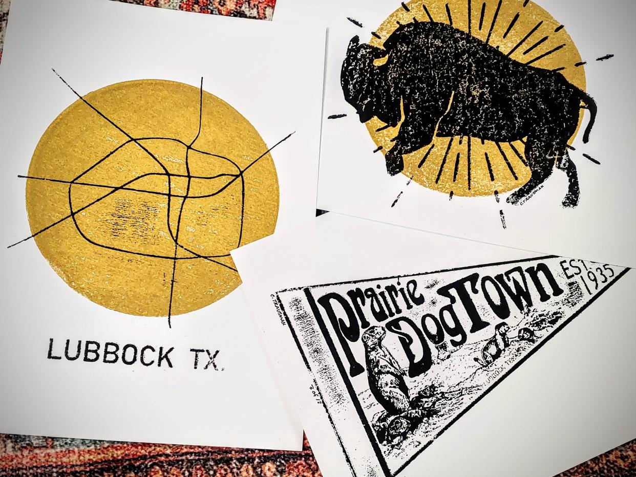 Assorted Lubbock Themed Block Prints by Cassandra Trautman, in the CASP Live/Work Studio 3, will be among works on display at the First Friday Art Trail.