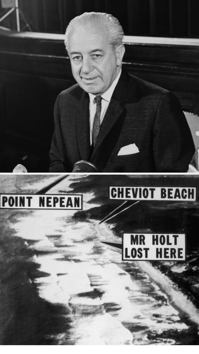 Top: Prime minister of Australia Harold Holt sitting down at a table in front of microphones Bottom: Open water near Portsea, Australia with annotated text indicating where Harold Holt disappeared