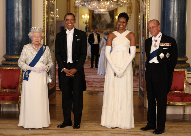 Queen Elizabeth II and the Duke of Edinburgh pose with U.S. President Barack Obama and First Lady Michelle Obama in the Music Room of Buckingham Palace ahead of a State Banquet, as part of the Presidents three-day state visit to the UK.