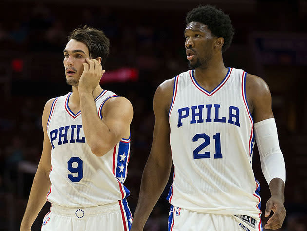 Dario Saric, not Dhani Harrison, and Joel Embiid. (Getty Images)