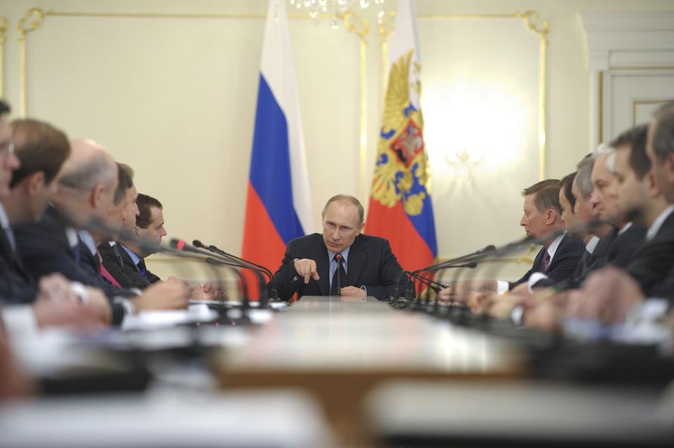 Russian President Vladimir Putin chairs Russian government meeting at Novo-Ogaryovo residence outside Moscow