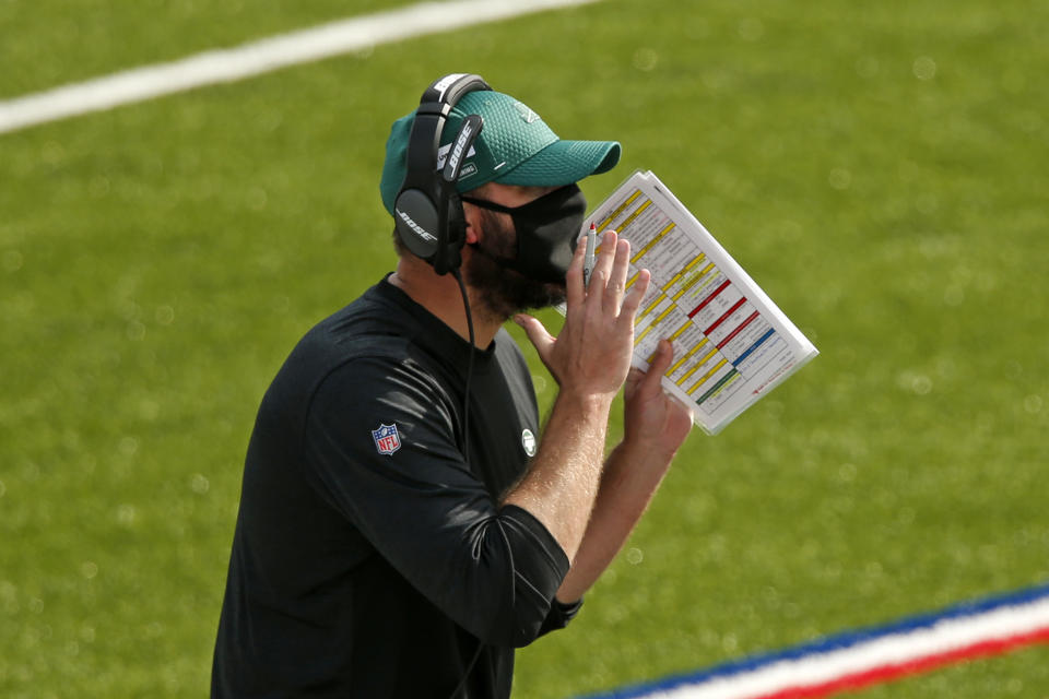 New York Jets head coach Adam Gase yells instructions during the second half of an NFL football game against the Buffalo Bills in Orchard Park, N.Y., Sunday, Sept. 13, 2020. (AP Photo/Jeffrey T. Barnes)