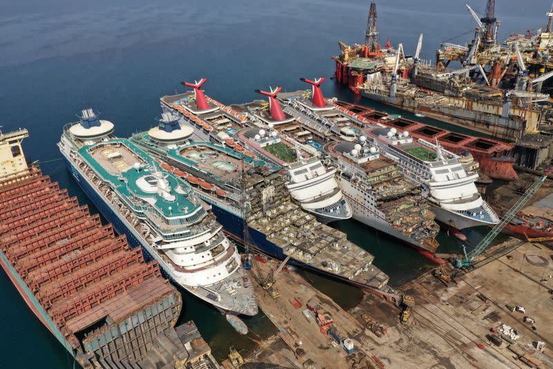 A drone image shows decommissioned cruise ships being dismantled at Aliaga ship-breaking yard in the Aegean port city of Izmir
