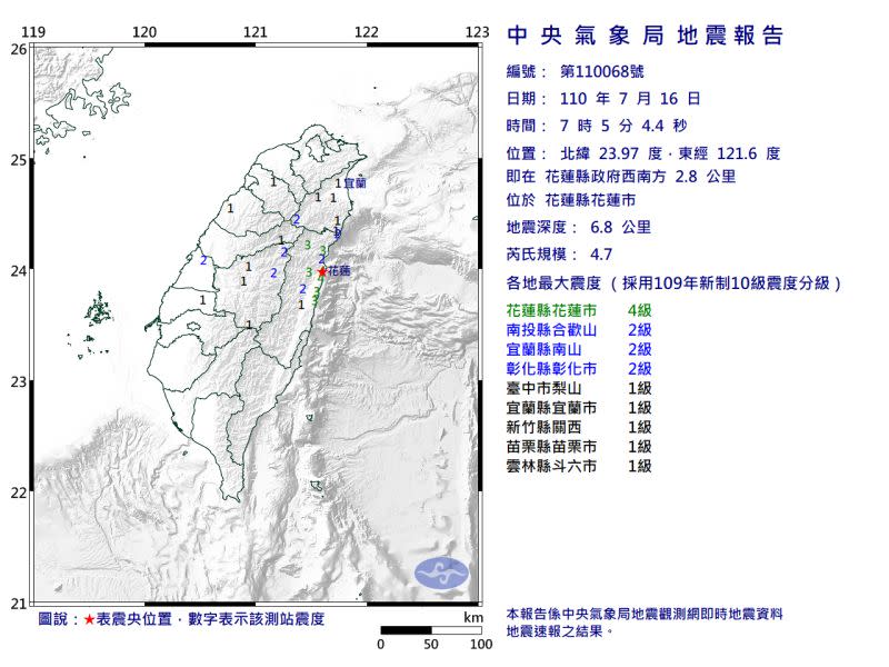 ▲今上午7點05分，花蓮地區再發生規模4.7有感地震。（圖／氣象局）