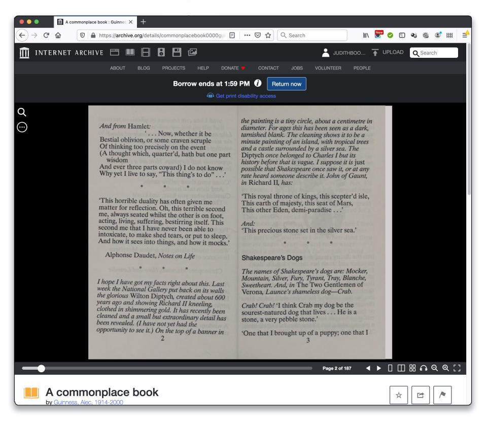 El Internet Archive tiene muchos libros de citas escaneados que se pueden consultar, incluido uno compilado por el actor Alec Guinness. (The Internet Archive vía The New York Times)