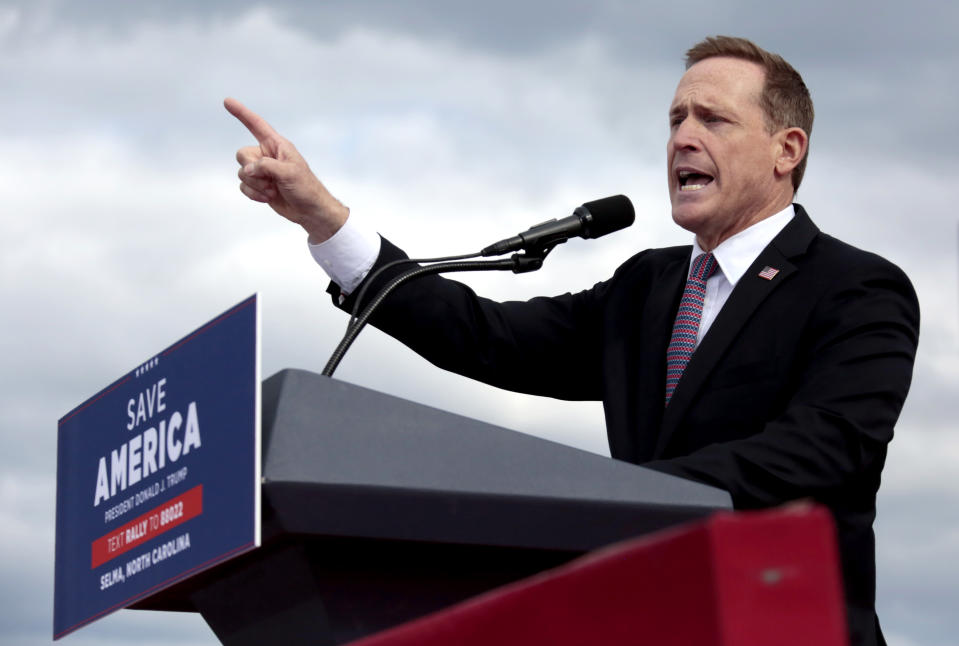 Republican candidate for U.S. Senate Ted Budd, of North Carolina, addresses the crowd before former President Donald Trump speaks at a rally, April 9, 2022, in Selma, N.C. Former President Donald Trump’s winning streak in U.S. Senate primaries is on the line Tuesday, May 17, 2022 as voters in five states cast their ballots in midterm elections. Trump backed celebrity heart surgeon Mehmet Oz in Pennsylvania and U.S. Rep. Ted Budd in North Carolina in those states’ Republican primaries for U.S. Senate. On the Democratic side, Pennsylvania Senate candidate John Fetterman revealed Sunday he had suffered a stroke but said he was on the way to a “full recovery.” (AP Photo/Chris Seward)