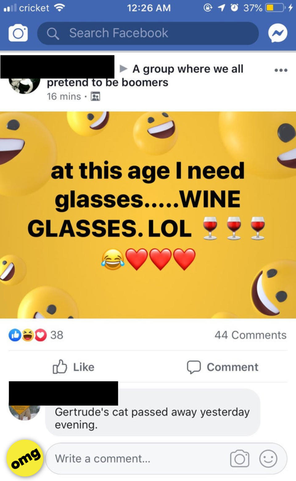 Someone posting on facebook: "I need glasses...glasses and wine!!!"