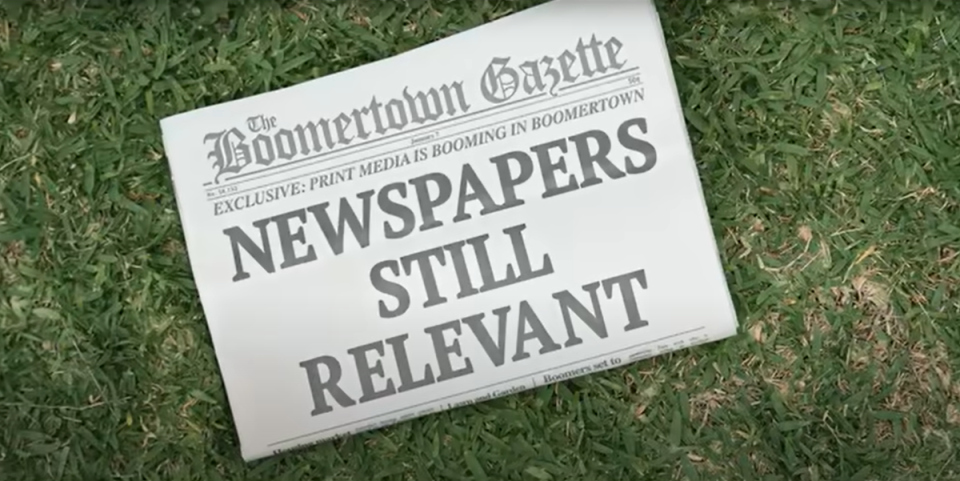 The newspaper reads: ‘Newspapers still relevant’. (Australian Lamb)