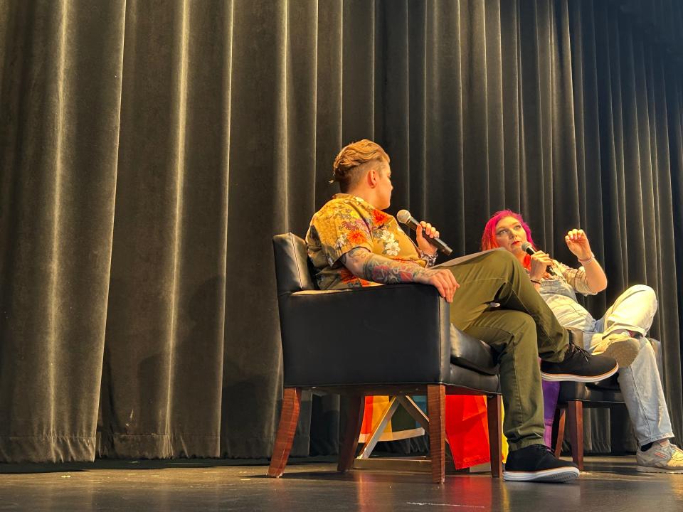 TikTok star and transgender activist Mercury Stardust chats with Iowa Safe Schools Executive Director Becky Tayler April 5 during the organization's 19th annual Governor's Conference on LGBTQ Youth.