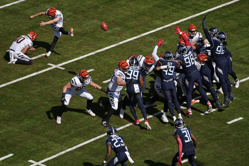 Cincinnati Bengals' Evan McPherson (2) kicks a field goal against the Tennessee Titans during the first half of an NFL football game, Sunday, Oct. 1, 2023, in Nashville, Tenn. (AP Photo/George Walker IV)