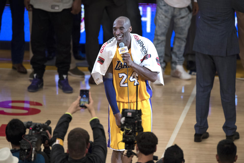 Basketball: Los Angeles Lakers Kobe Bryant with microphone after winning game vs Utah Jazz at Staples Center. Final game of Kobe Bryant's career.
Los Angeles, CA 4/13/2016
CREDIT: John W. McDonough (Photo by John W. McDonough /Sports Illustrated via Getty Images)
(Set Number: SI326 TK1 )