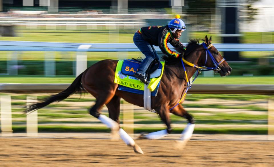 Kentucky Derby contender Lord Miles puts in a workout on the track Tuesday morning at Churchill Downs May 2, 2023, in Louisville, Ky.
