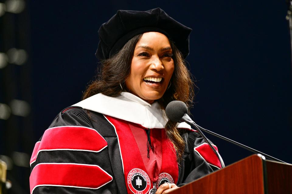 Award-winning actress, director and executive producer Angela Bassett addresses the Class of 2023 on May 19 at Chapman University in Orange, Calif.