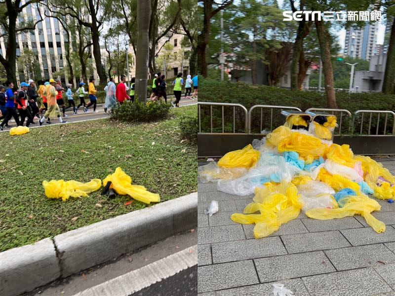 除了花圃之外，人行道上的垃圾桶也被雨衣塞滿。（圖／讀者提供）