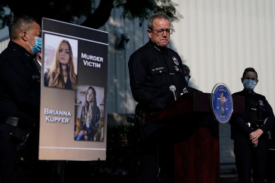 Los Angeles Police Department Chief Michel Moore speaks at a news conference about Brianna Kupfer, Tuesday, Jan. 18, 2022, in Los Angeles. Detectives are investigating the murder of Kupfer, a 24-year-old Pacific Palisades resident, who was killed in a furniture store