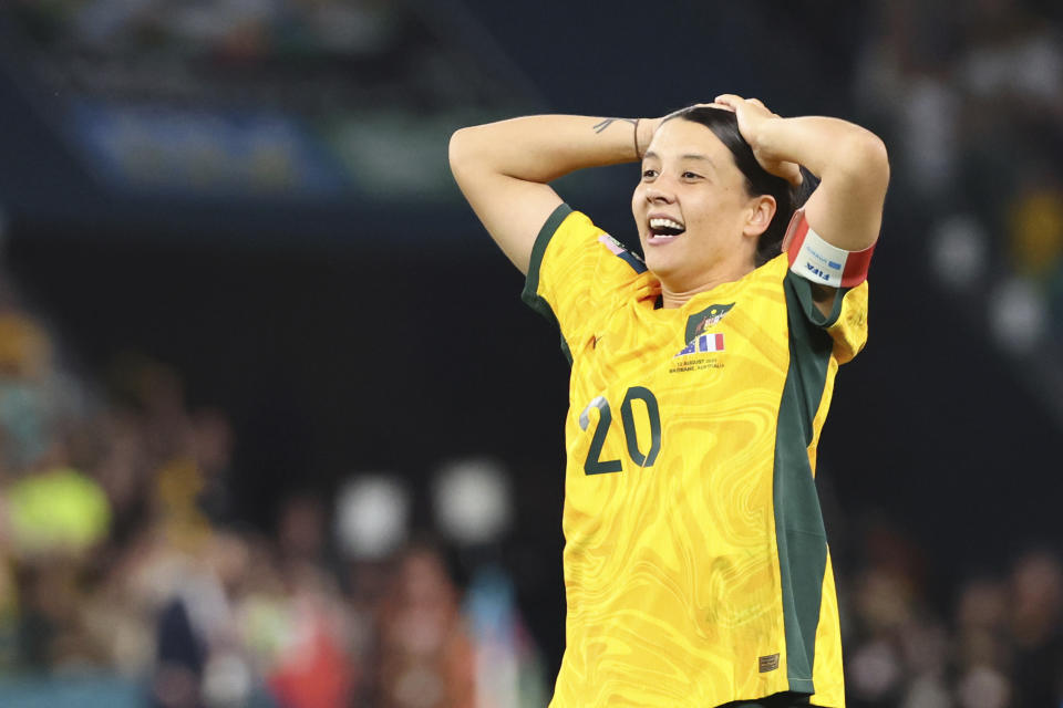 Australia's Sam Kerr celebrates after scoring during a penalty shootout during the Women's World Cup quarterfinal soccer match between Australia and France in Brisbane, Australia, Saturday, Aug. 12, 2023. (AP Photo/Tertius Pickard)