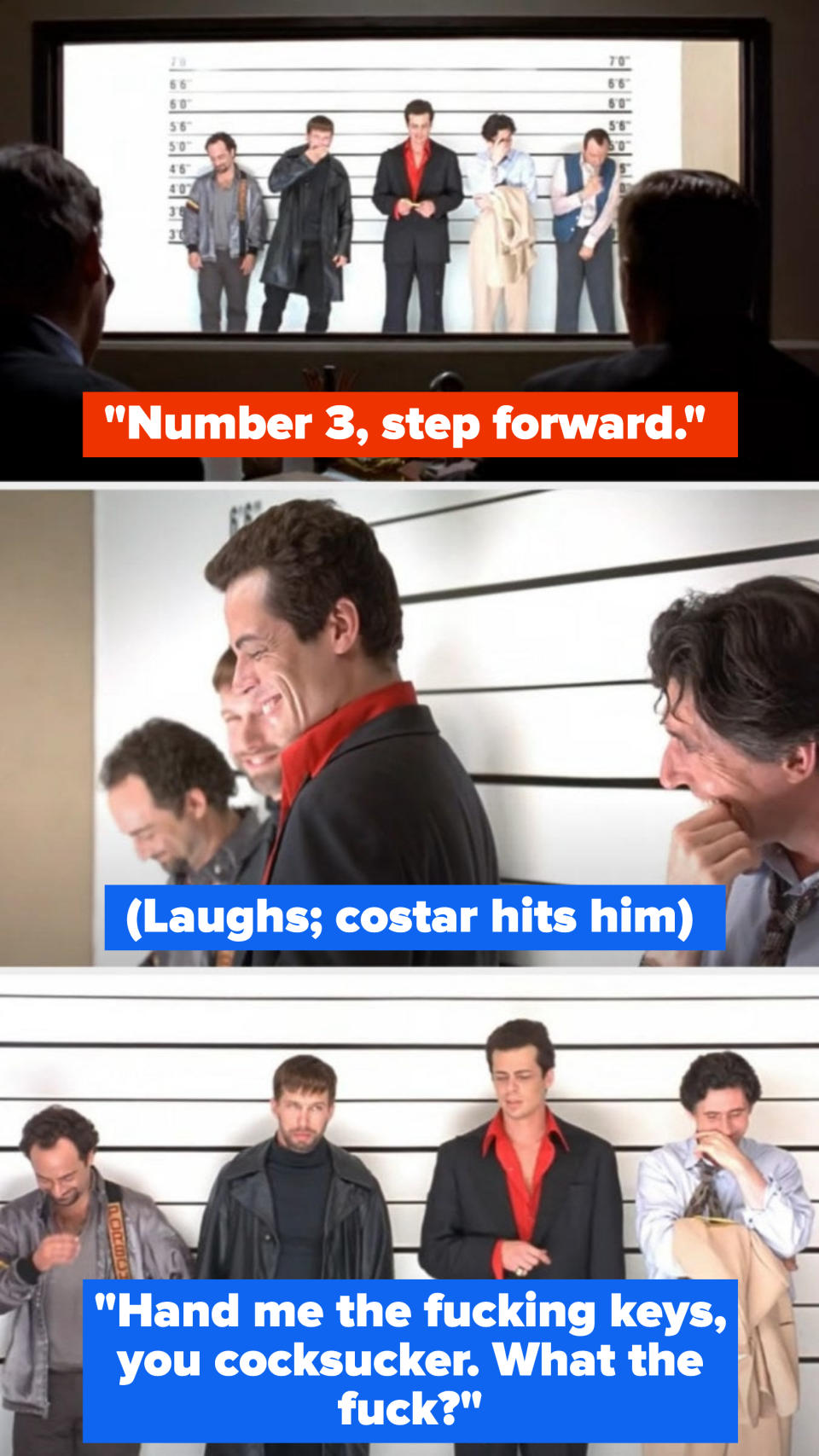 After "Number 3, step forward" line, Benicio starts talking, a costar hits him and laughs, and he says "Hand me the fucking keys, you cocksucker; what the fuck?"