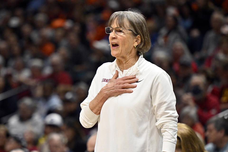 Stanford head coach Tara VanDerveer gestures from the sideline during the second half of an NCAA college basketball game against Oregon State in the semifinal round of the Pac-12 tournament Friday, March 8, 2024, in Las Vegas. (AP Photo/David Becker)