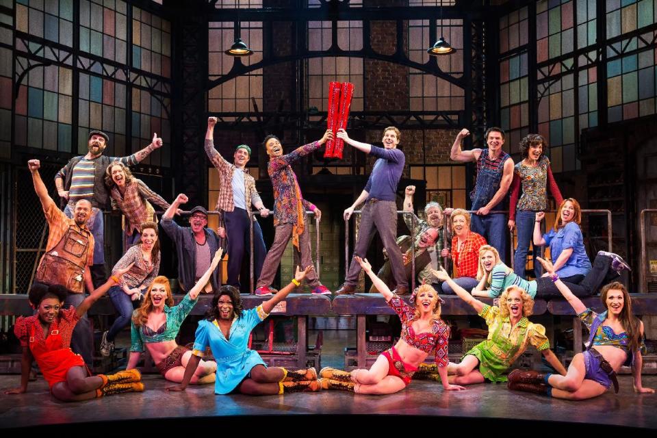 This theater image released by The O+M Company shows the cast during a performance of the musical "Kinky Boots." (AP Photo/The O+M Company, Matthew Murphy)