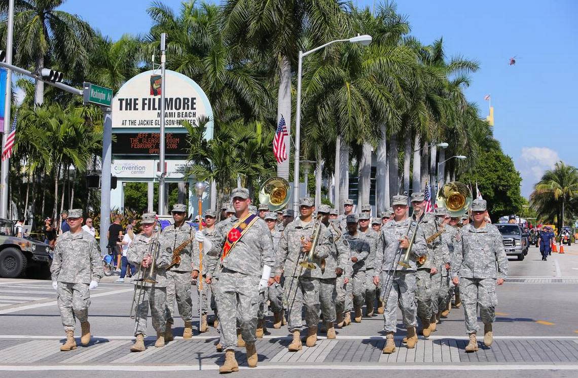 The Florida Army National Guard’s 13th Army Band marching in the Veterans Day parade in Miami Beach on Nov. 11, 2015. The city hosts its 14th annual Veterans Day parade and celebration at 11 a.m. on Nov. 11, 2022.