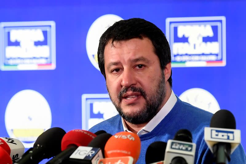 Leader of Italy's far-right League party Matteo Salvini speaks after polls close for the Emilia-Romagna regional election, in Bologna