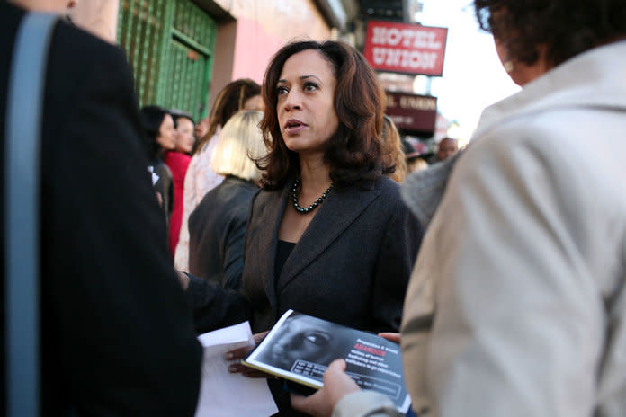 Kamala Harris speaking to supporters as the District Attorney of San Francisco in 2008. | Justin Sullivan/Getty Images