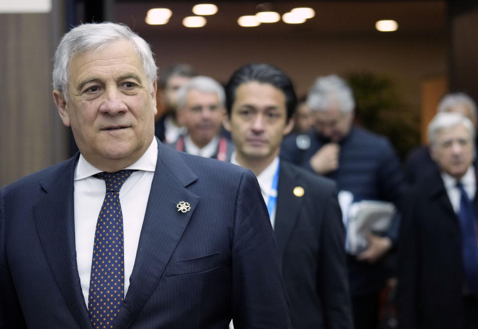 Italy's Foreign Minister Antonio Tajani arrives at a press conference at the end of a G7 Foreign ministers' meeting at The Prince Karuizawa hotel in Karuizawa, Nagano prefecture, Japan, Tuesday, April 18, 2023. (Franck Robichon/Pool Photo via AP)