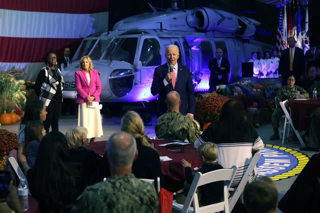 <p>Alex Wong/Getty </p> The first couple host a "Friendsgiving" event with service members and military families on Nov. 19