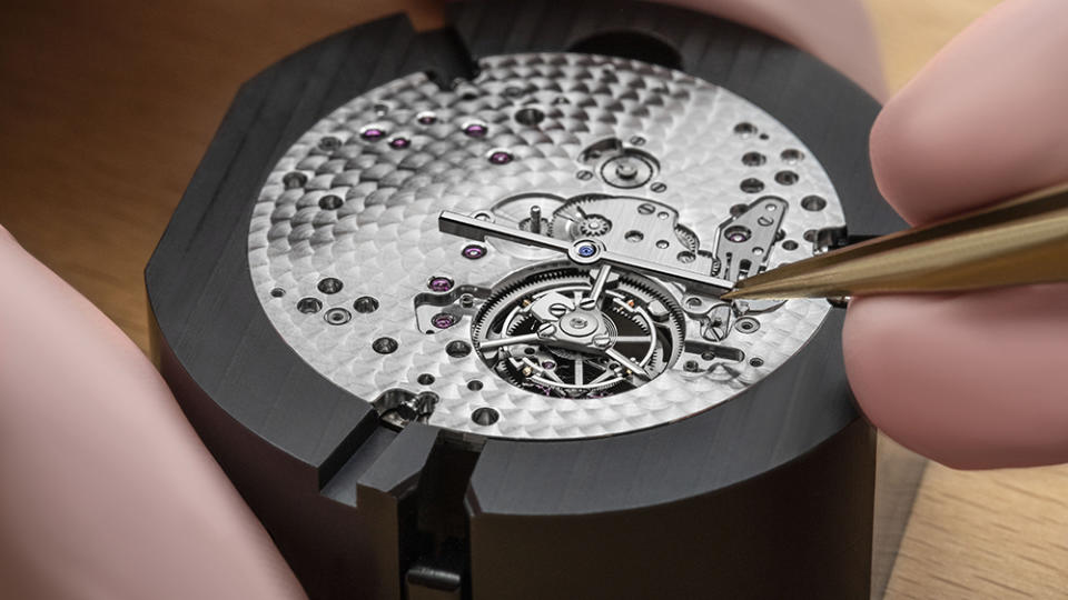 The tourbillon cage is positioned at 5:30, instead of the traditional 6 o'clock.