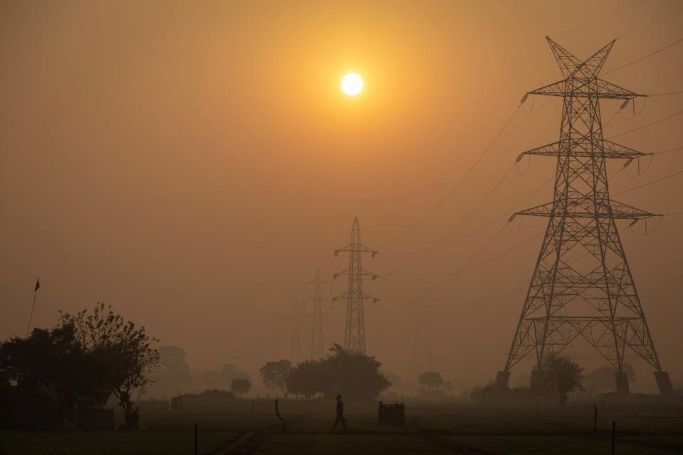 A farmer walks in the morning smog (Reuters)