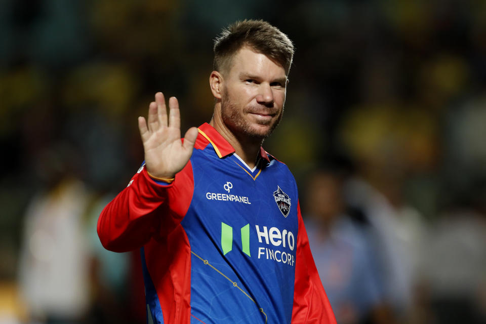 Delhi Capitals' David Warner waves to his fans during the awards ceremony at the end of the Indian Premier League cricket match between Delhi Capitals and Chennai Super Kings in Visakhapatnam, India, Sunday, March. 31, 2024.(AP Photo/ Surjeet Yadav))