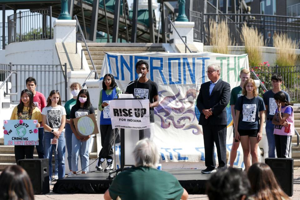 Rahul Durai, at the time a sophomore at West Lafayette Jr./Sr. high school, speaks during the Confront the Climate Crisis rally on the John T. Myers Pedestrian Bridge, Friday, Sept. 24, 2021 in Lafayette.