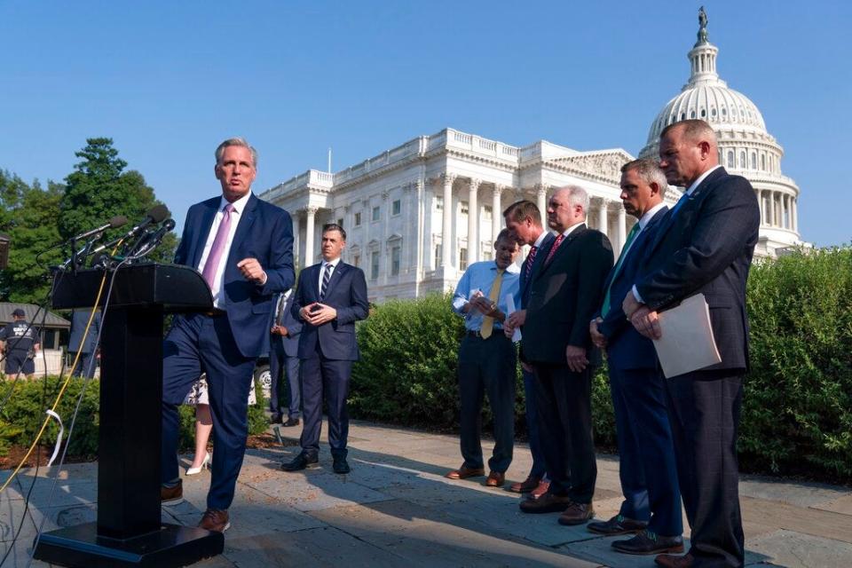 House Minority Leader Kevin McCarthy, R-Calif., joined from left by Rep. Jim Banks, R-Ind., Rep. Jim Jordan, R-Ohio, Rep. Rodney Davis, R-Ill., Minority Whip Steve Scalise, R-La., Rep. Kelly Armstrong, R-N.D., and Rep. Troy Nehls, R-Texas, holds a news conference before the start of a hearing by a select committee appointed by House Speaker Nancy Pelosi on the Jan. 6 insurrection, at the Capitol in Washington, on July 27, 2021.