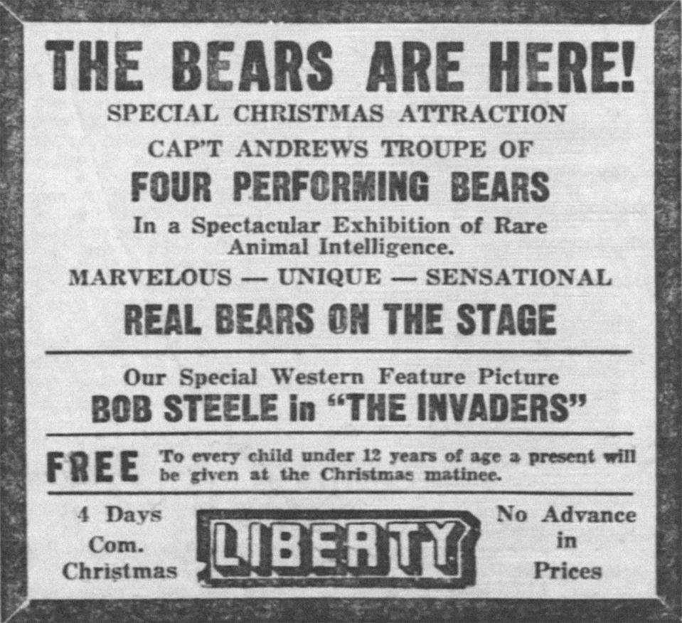 The Liberty’s ad for a dancing bear act on Christmas, from the Muncie Evening Press, December 24, 1929.