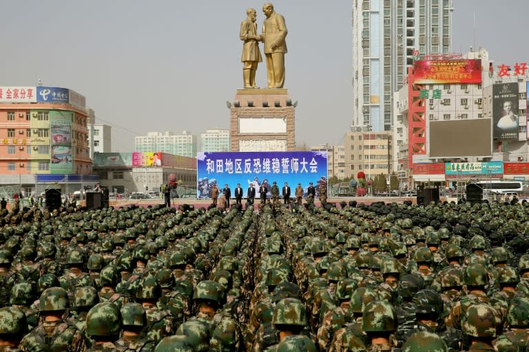 Chinese military police attended an "anti-terrorist" oath-taking rally last year in northwest China's Xinjiang Uighur Autonomous Region