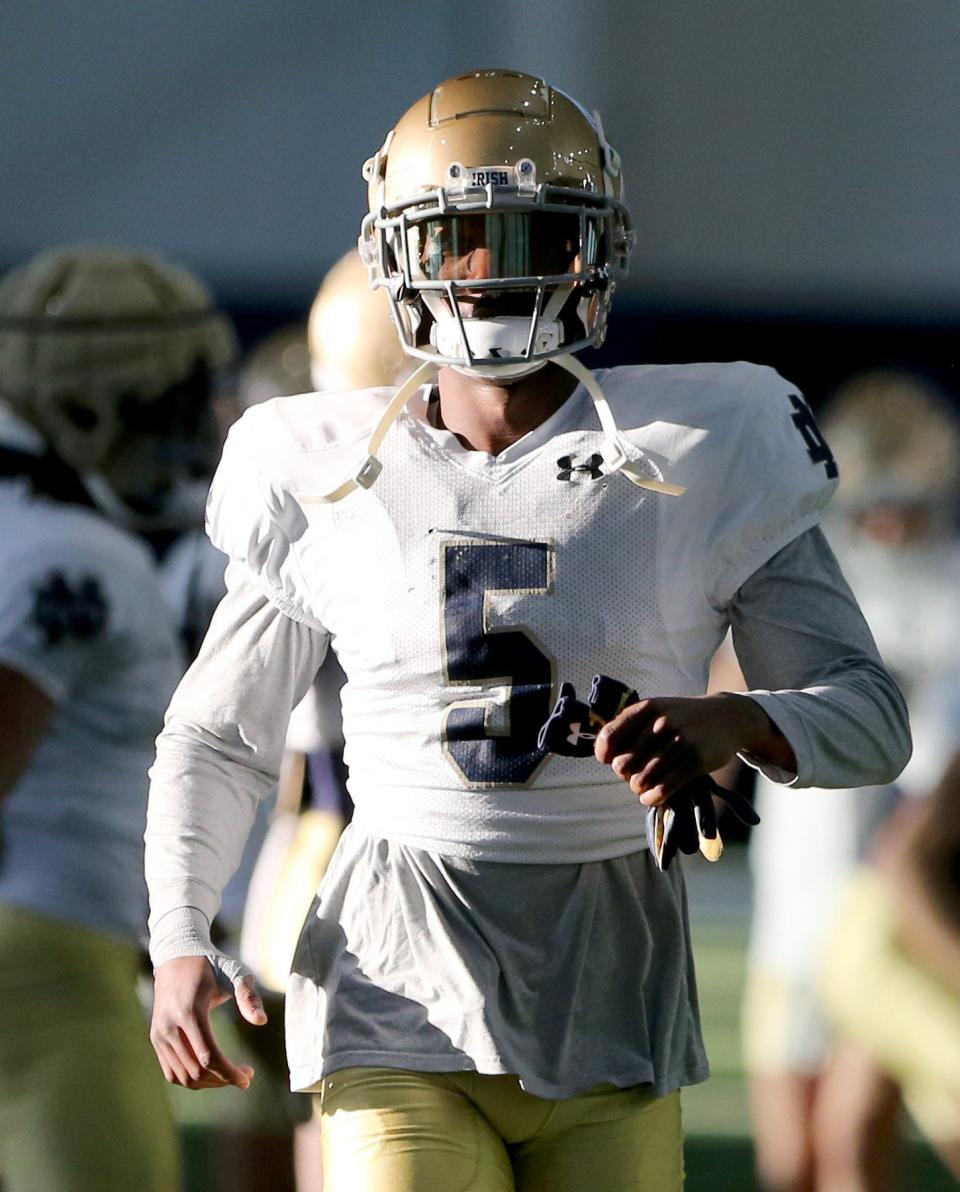 Notre Dame cornerback Cam Hart (5) goes through drills Wednesday, April 12, 2023, during spring football practice on the Notre Dame campus.<br>Nd Fb Spring Practice