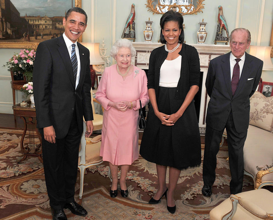 President Barack Obama and the first lady pose with Queen Elizabeth and Prince Philip during an audience at Buckingham Palace on April 1, 2009 (ASSOCIATED PRESS)