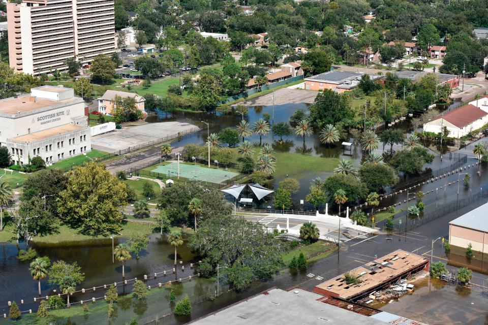 Flooding around Hogans Creek after Hurricane Irma in 2017 showcases the way creek floodwaters affect parts of downtown and Springfield when the creek overflows its banks.