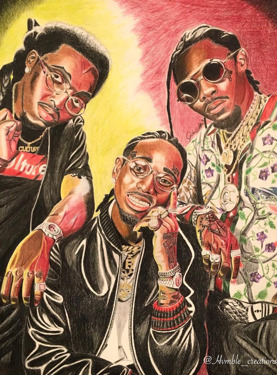 Jatavion Williams' portrait of Migos, done with prismacolor pencils in January 2015.