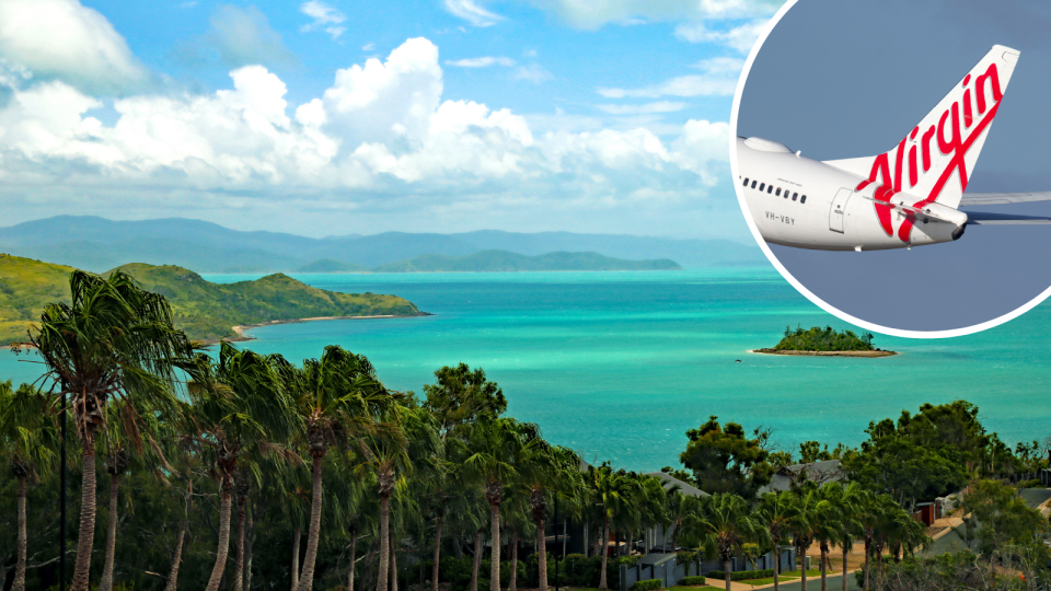 Hamilton Island in the Whitsundays and the tail of a Virgin Australia plane.