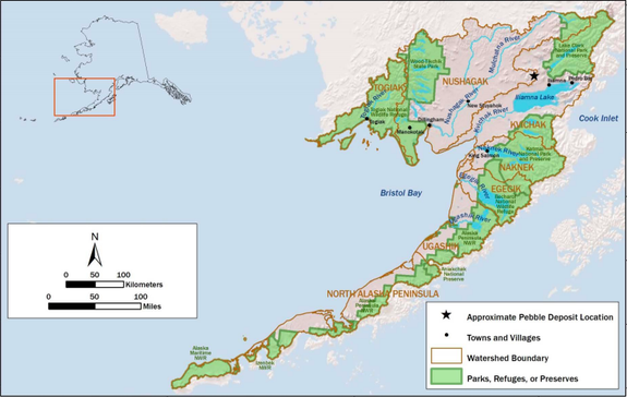 The Bristol Bay watershed. The star marks the spot of the proposed Pebble Mine.